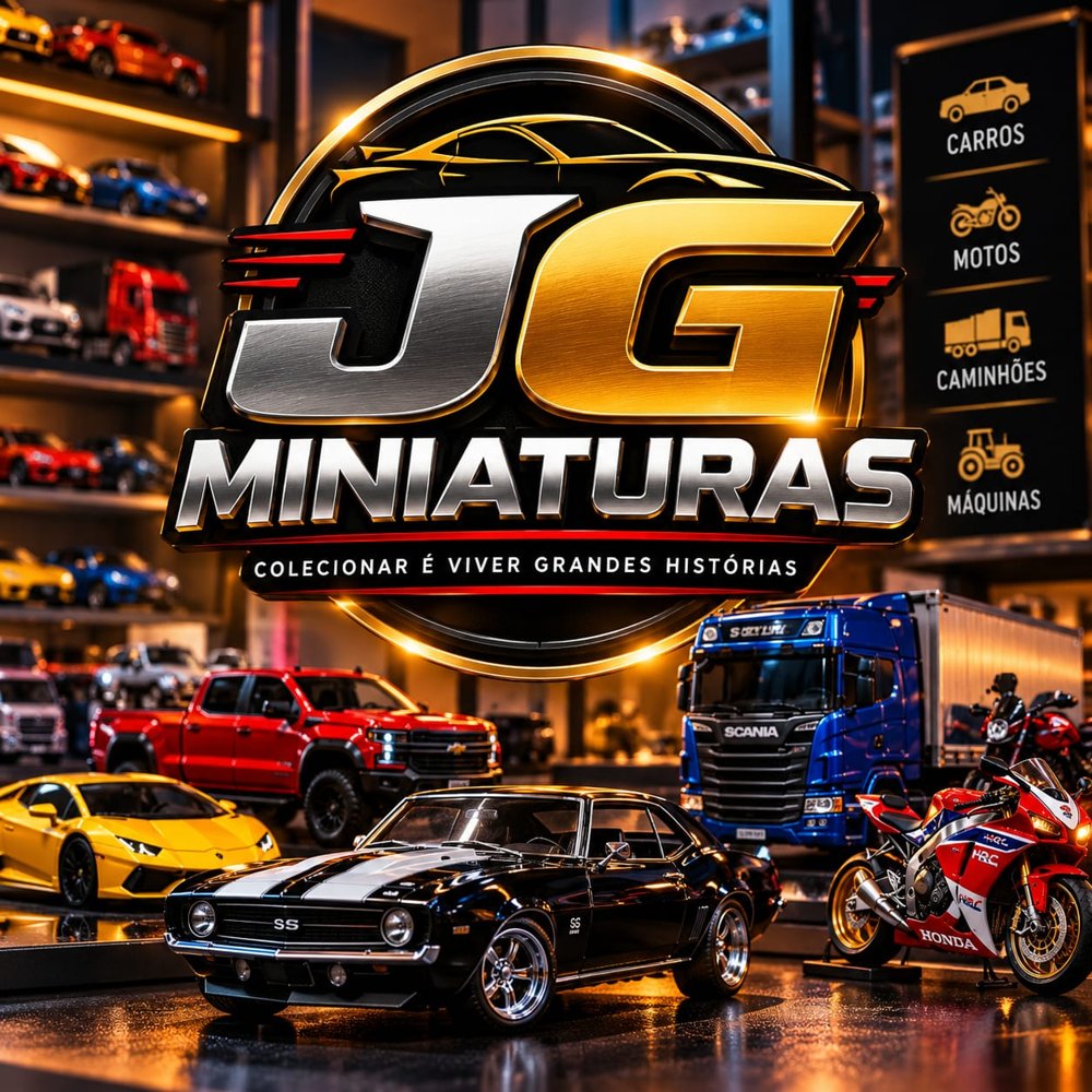 Logo JG Miniaturas com miniaturas de carros, motos e caminhões